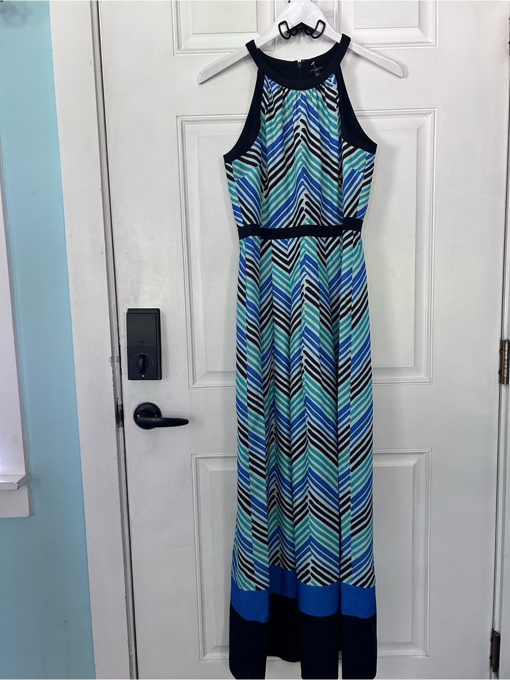 Ann Taylor Teal Blue Chevron Halter Maxi Dress